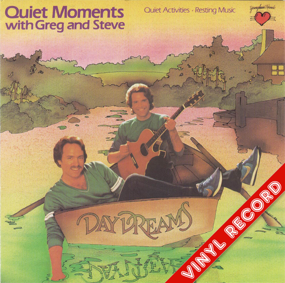Cover of the vinyl record 'Quiet Moments' with illustrations of two men in a boat, titled 'Daydreams' on the record, and 'Quiet Moments' with 'Greg and Steve' written at the top.