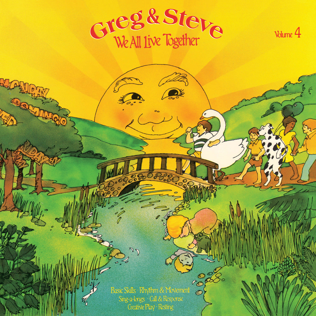 CD cover art for 'We All Live Together Vol 4' featuring a colorful illustration of a sun, with cartoon characters, animals, and a bridge over a river.