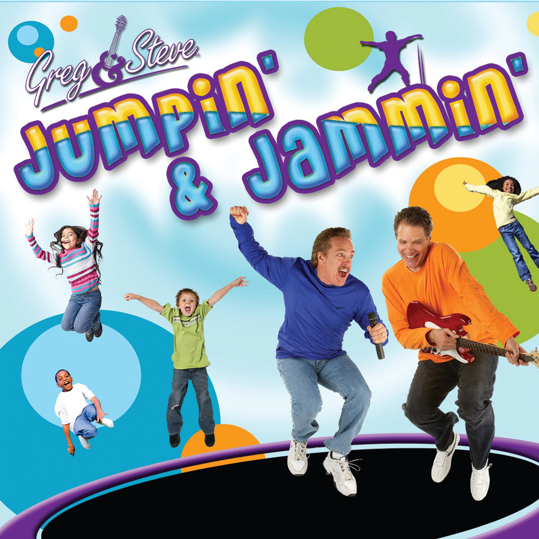 CD cover for 'Jumpin' & Jammin' featuring cartoon images of two adults and multiple children in a celebratory dance pose with a guitar and musical notes in the background.