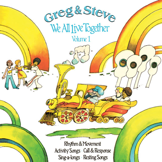 CD cover for 'We All Live Together Vol. 1' featuring cartoon illustrations of a train and characters engaging in playful activities.