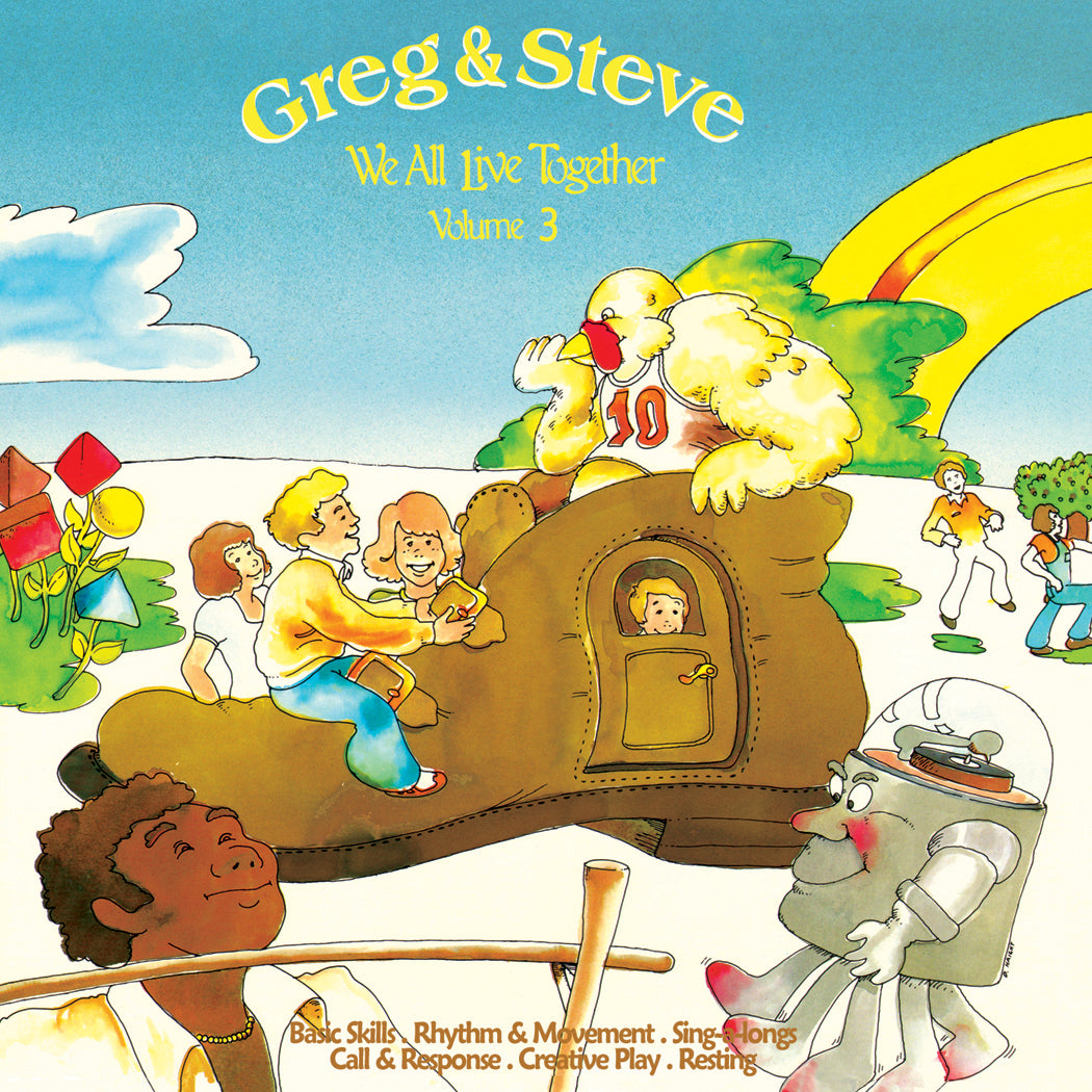 CD cover for 'We All Live Together Vol. 3' featuring cartoon illustrations of children playing and a large bird-like character with the title text.