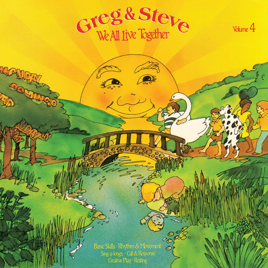 CD cover art for 'We All Live Together Vol 4' featuring a colorful illustration of a sun, with cartoon characters, animals, and a bridge over a river.