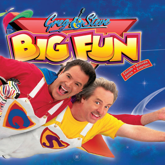 Album cover for 'Big Fun' featuring Greg & Steve with colorful costumes and the title text.