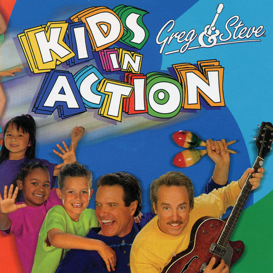 CD cover of 'Kids In Action' featuring Greg and Steve with a guitar, alongside a group of children in various colorful outfits posing and smiling.