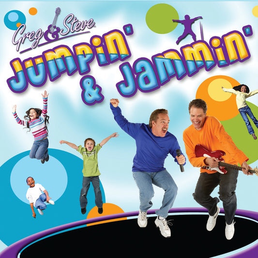 CD cover for 'Jumpin' & Jammin' featuring cartoon images of two adults and multiple children in a celebratory dance pose with a guitar and musical notes in the background.