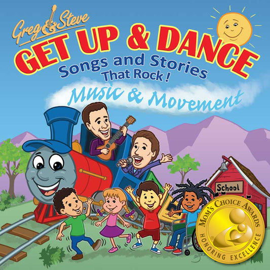 CD cover of 'Get Up & Dance' featuring cartoon illustrations of a train, children, and adults with the album title and a 'Mom's Choice Awards' seal of excellence.
