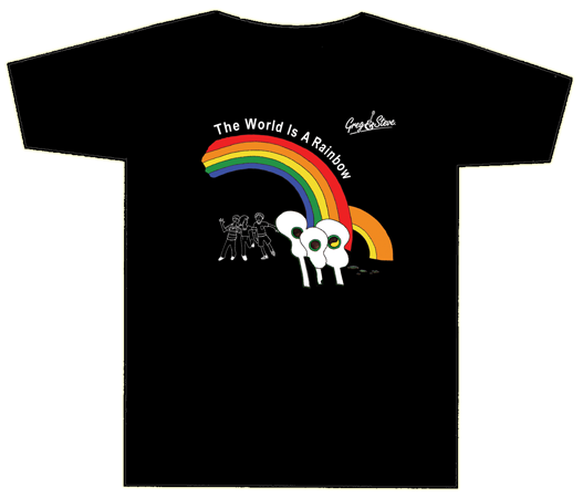 T-Shirt featuring The World is a Rainbow text, with illustration of guitars, rainbow, and children