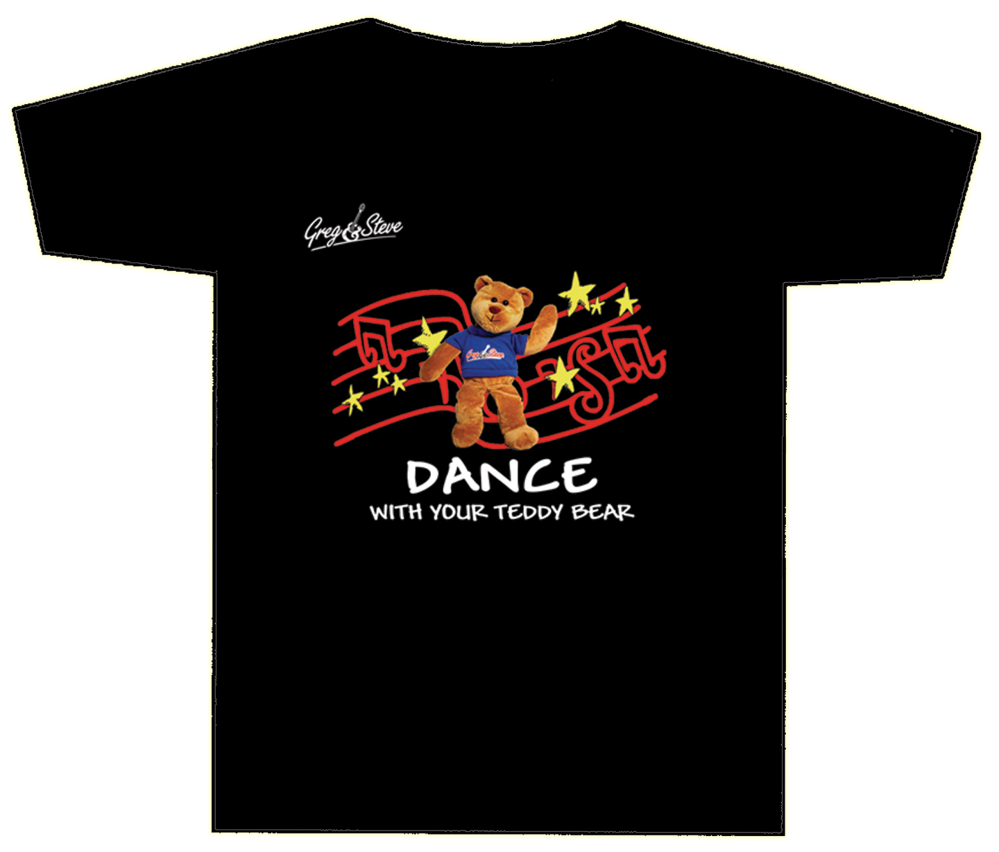 A black T-shirt with a graphic print of a cartoon bear wearing sunglasses and a blue shirt, surrounded by musical notes and the text 'Dance with your Teddy Bear'.