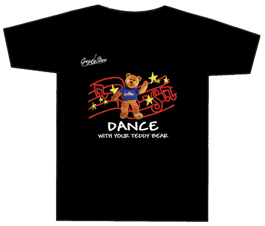 A black T-shirt with a graphic print of a cartoon bear wearing sunglasses and a blue shirt, surrounded by musical notes and the text 'Dance with your Teddy Bear'.